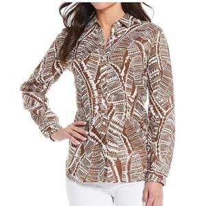 J. McLaughlin Britt Brown Palm Print Linen Button Up Blouse